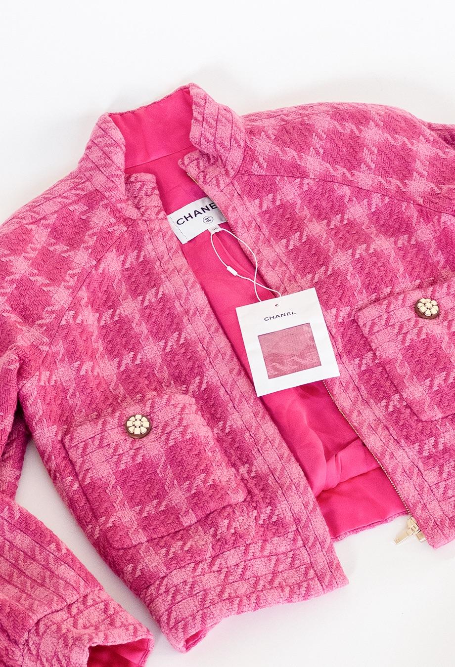 Women's or Men's Chanel Karl Lagerfeld Final Collection FW 2019 Pink Tweed Bomber Jacket For Sale