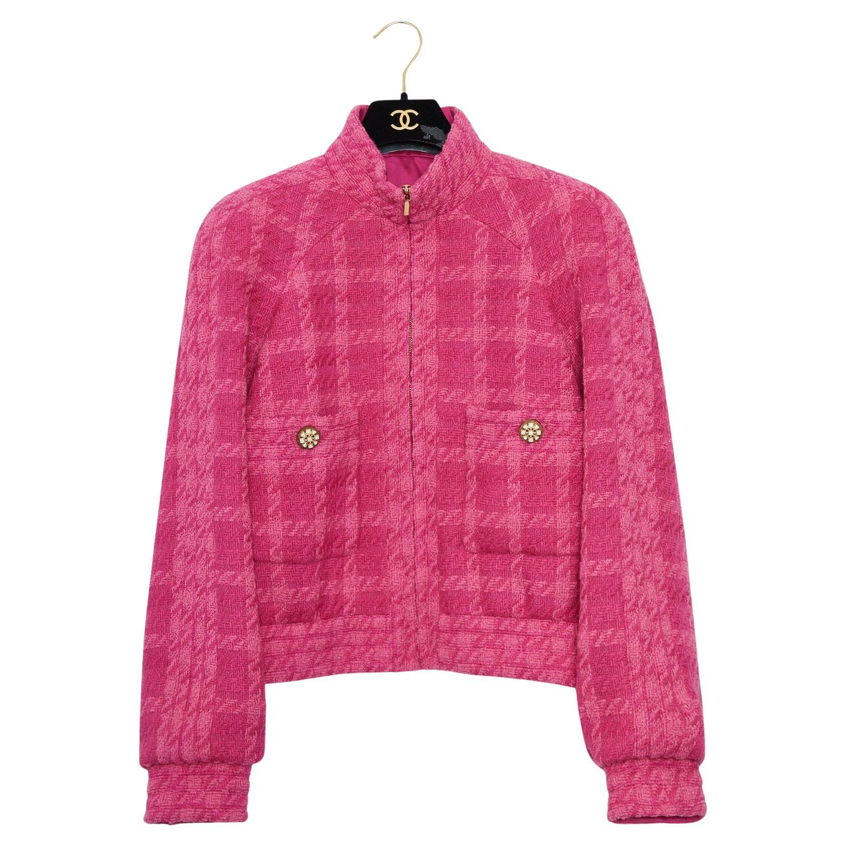 Chanel Karl Lagerfeld Final Collection FW 2019 Pink Tweed Bomber Jacket For Sale