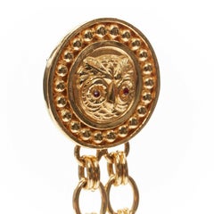 CHANEL KARL LAGERFELD gold-tone red crystal owl medallion coin chain dual brooch