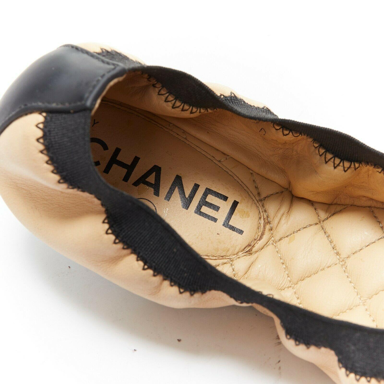 CHANEL KARL LAGERFELD nude beige black elastic band classic ballet flats EU37.5 3