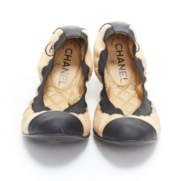 CHANEL KARL LAGERFELD nude beige black elastic band classic ballet flats  EU37.5 at 1stDibs