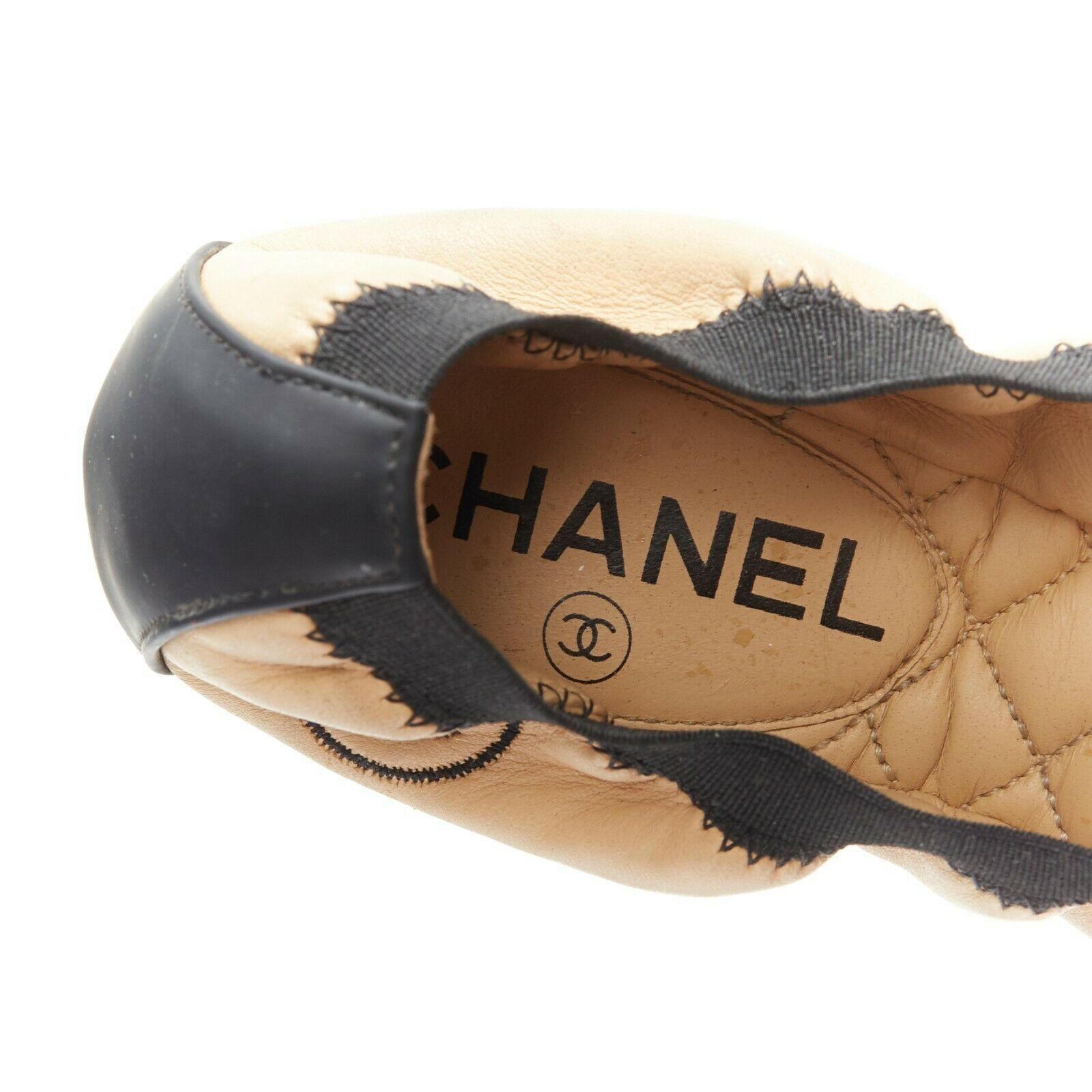 CHANEL KARL LAGERFELD nude beige black elastic band classic ballet flats EU37.5 1