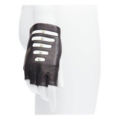 CHANEL Karl Lagerfeld pearl graphic stripes leather fingerless gloves US7.5