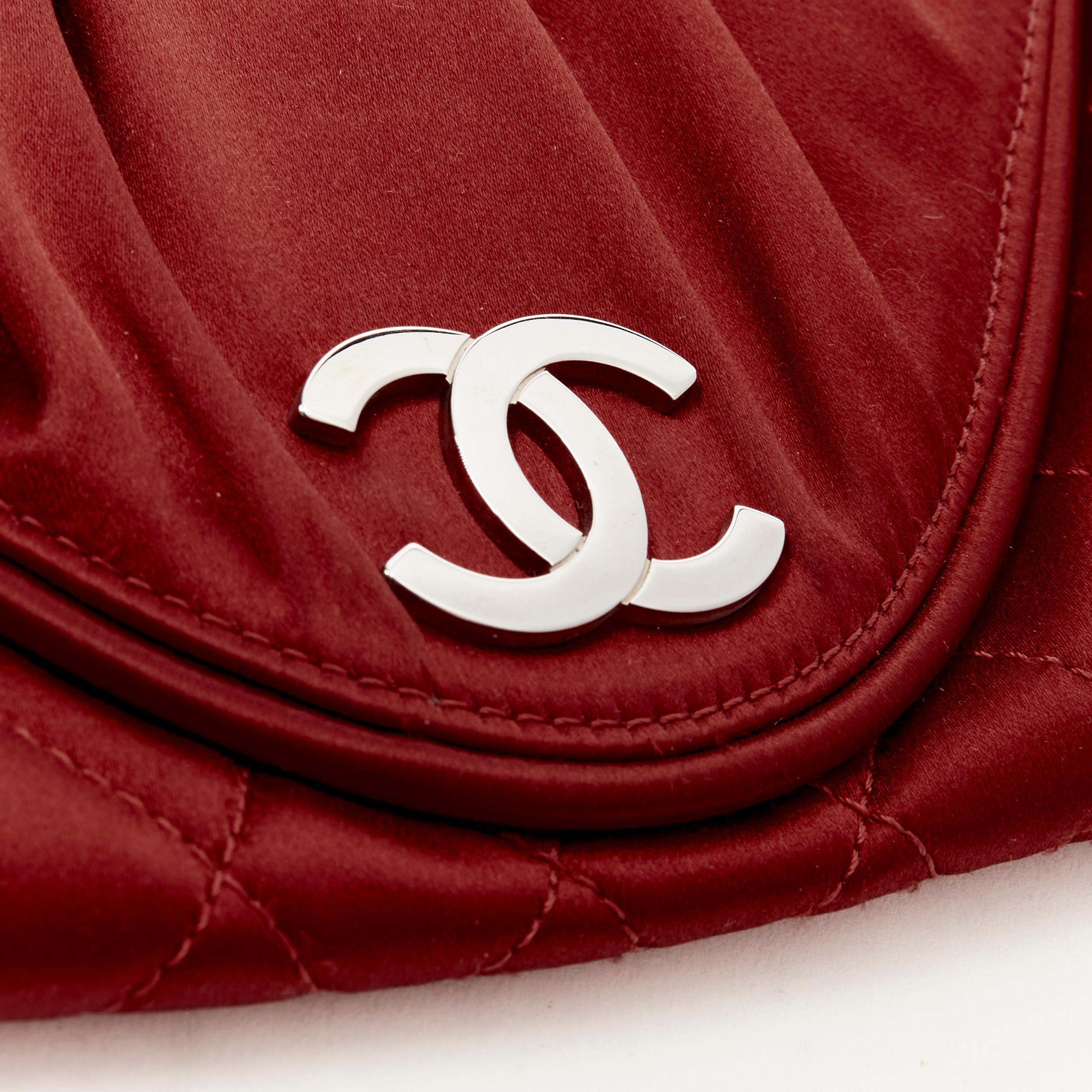 CHANEL Karl Lagerfeld silver CC logo red satin quilted half moon clutch bag In Excellent Condition In Hong Kong, NT
