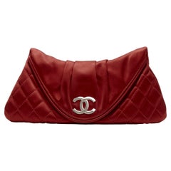 CHANEL Karl Lagerfeld silver CC logo red satin quilted half moon clutch bag