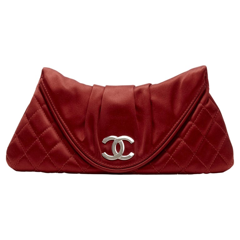 CHANEL Karl Lagerfeld silver CC logo red satin quilted half moon clutch bag  at 1stDibs
