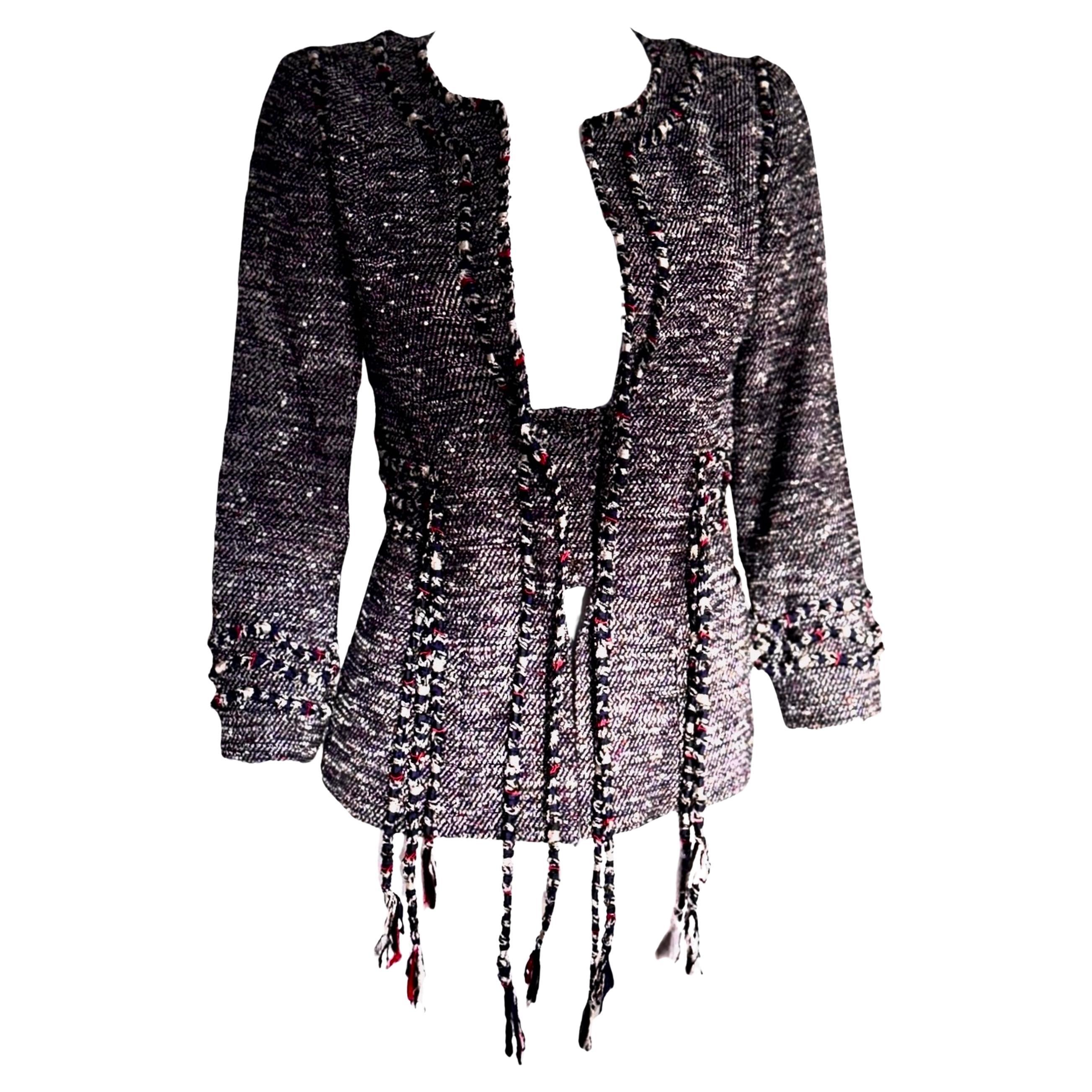 CHANEL Karl Lagerfeld Spring 2010 Fringed Bouclé Tweed Jacket w/Camellia Buttons For Sale