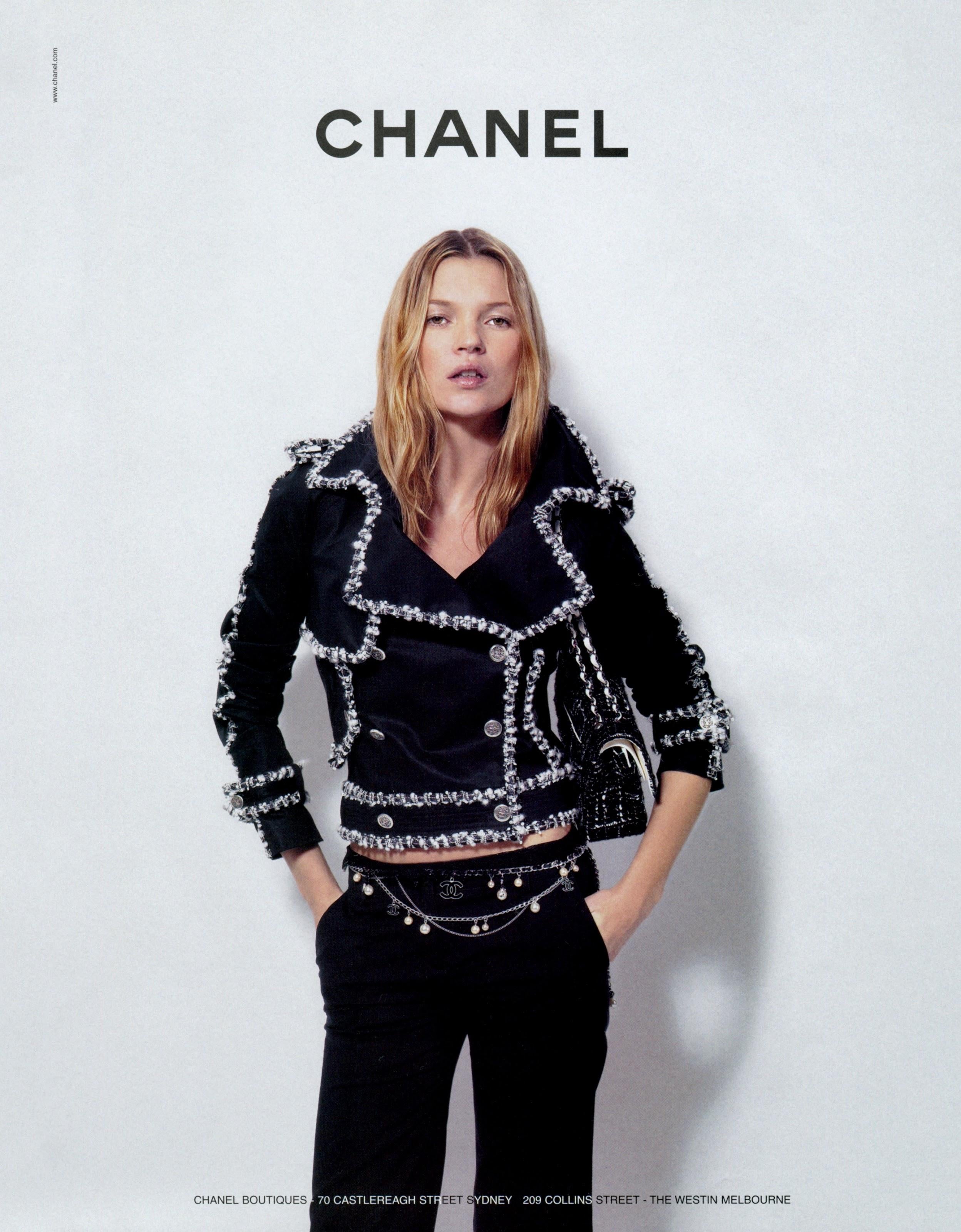 Extremely rare Iconic Chanel black trench coat with tweed and chain link trim from Runway of 2004 Spring / Summer Collection, 04P, 04S
Presented in iconic ad campaign featuring supermodel Kate Moss!
As seen on many celebs, inlc. Madonna. 
Highly