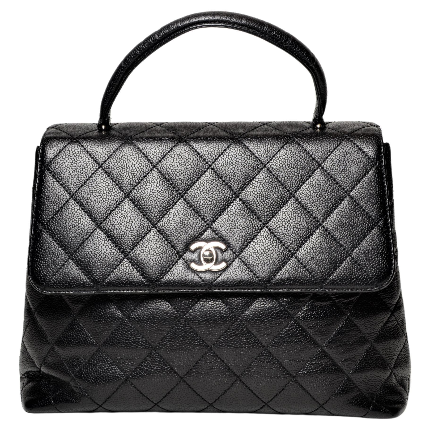 Chanel Kelly Black Caviar Leather Silver Hardware Top Handle Bag