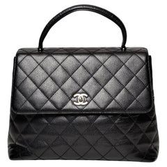 Chanel Kelly Black Caviar Leather Silver Hardware Top Handle Bag