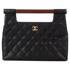 Chanel Kelly Black Caviar Leather Wood Top Handle Clutch
