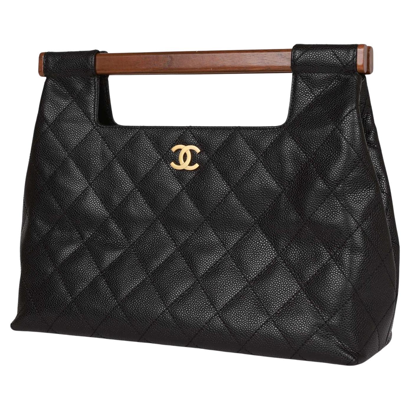 Femenino o masculino Chanel Kelly Negro Caviar Cuero Madera Asa Superior Embrague en venta