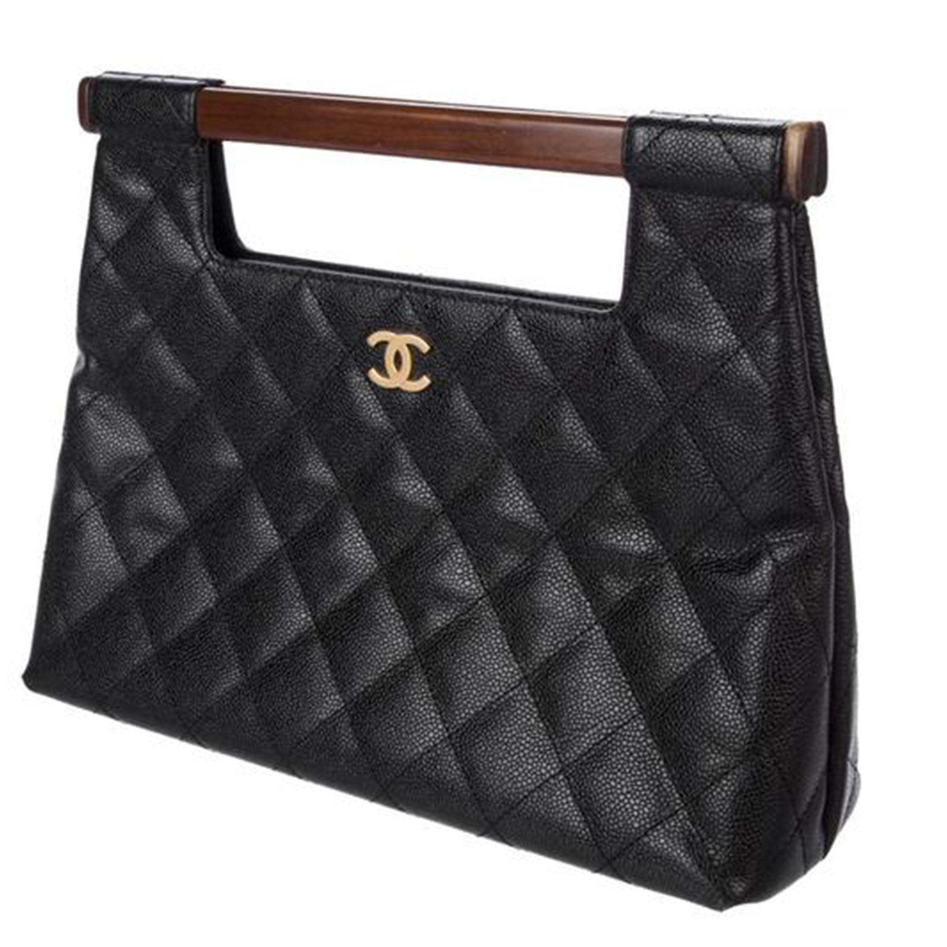 Chanel Kelly Negro Caviar Cuero Madera Asa Superior Embrague en venta 1