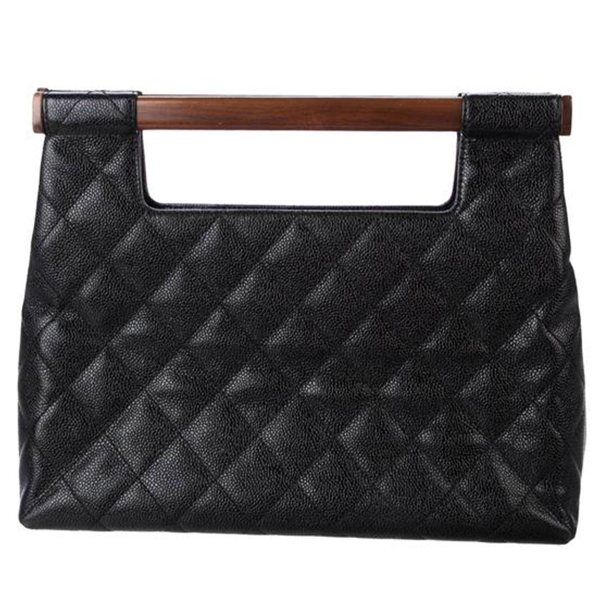 Chanel Kelly Negro Caviar Cuero Madera Asa Superior Embrague en venta 2