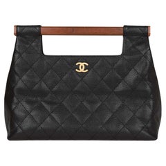 Chanel Kelly Black Caviar Leather Wood Top Handle Clutch