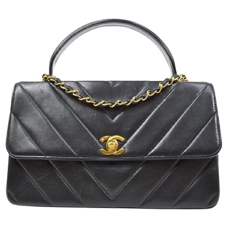 CHANEL Kelly Black Lambskin Quilted Leather Chevron Top Handle Shoulder Flap Bag