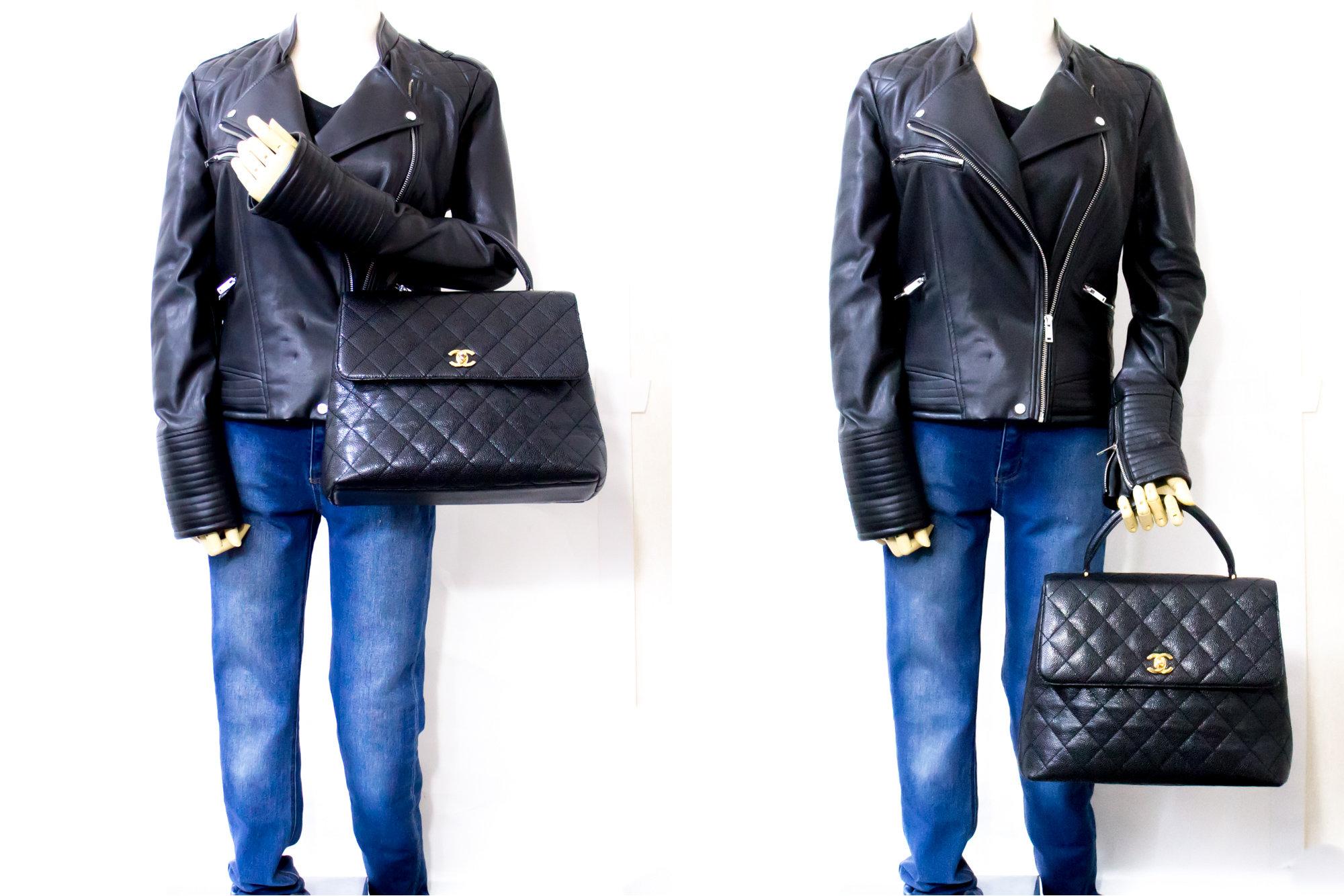 CHANEL Kelly Caviar Handbag Bag Black Flap Leather Gold Hardware For Sale 6
