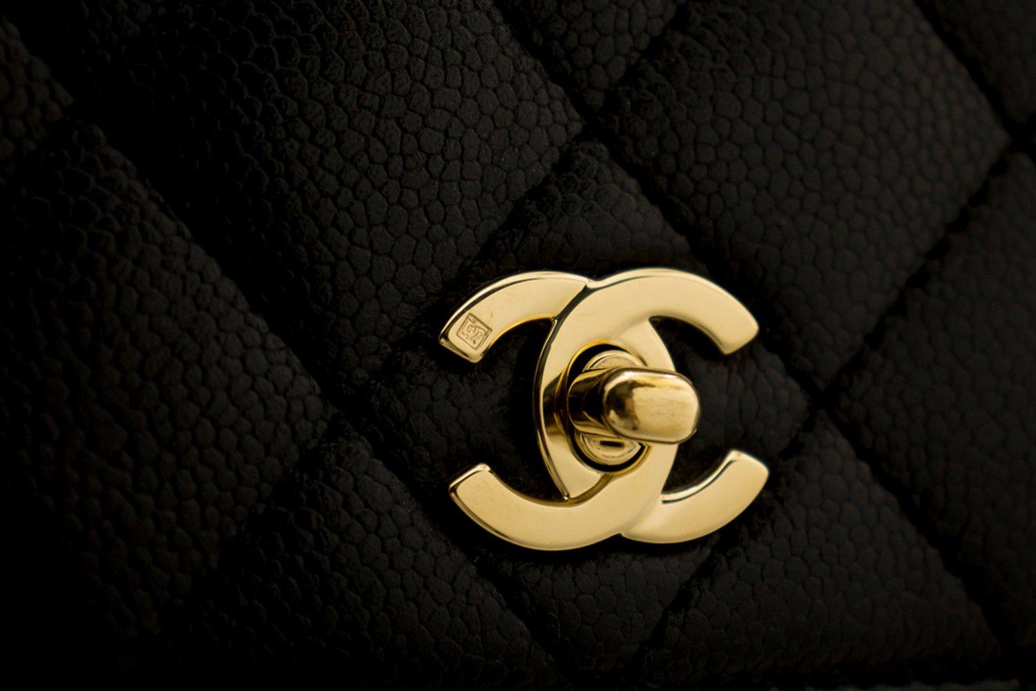 CHANEL Kelly Caviar Handbag Bag Black Flap Leather Gold Hardware 6