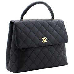 CHANEL Kelly Caviar Handbag Bag Black Flap Leather Gold Hardware