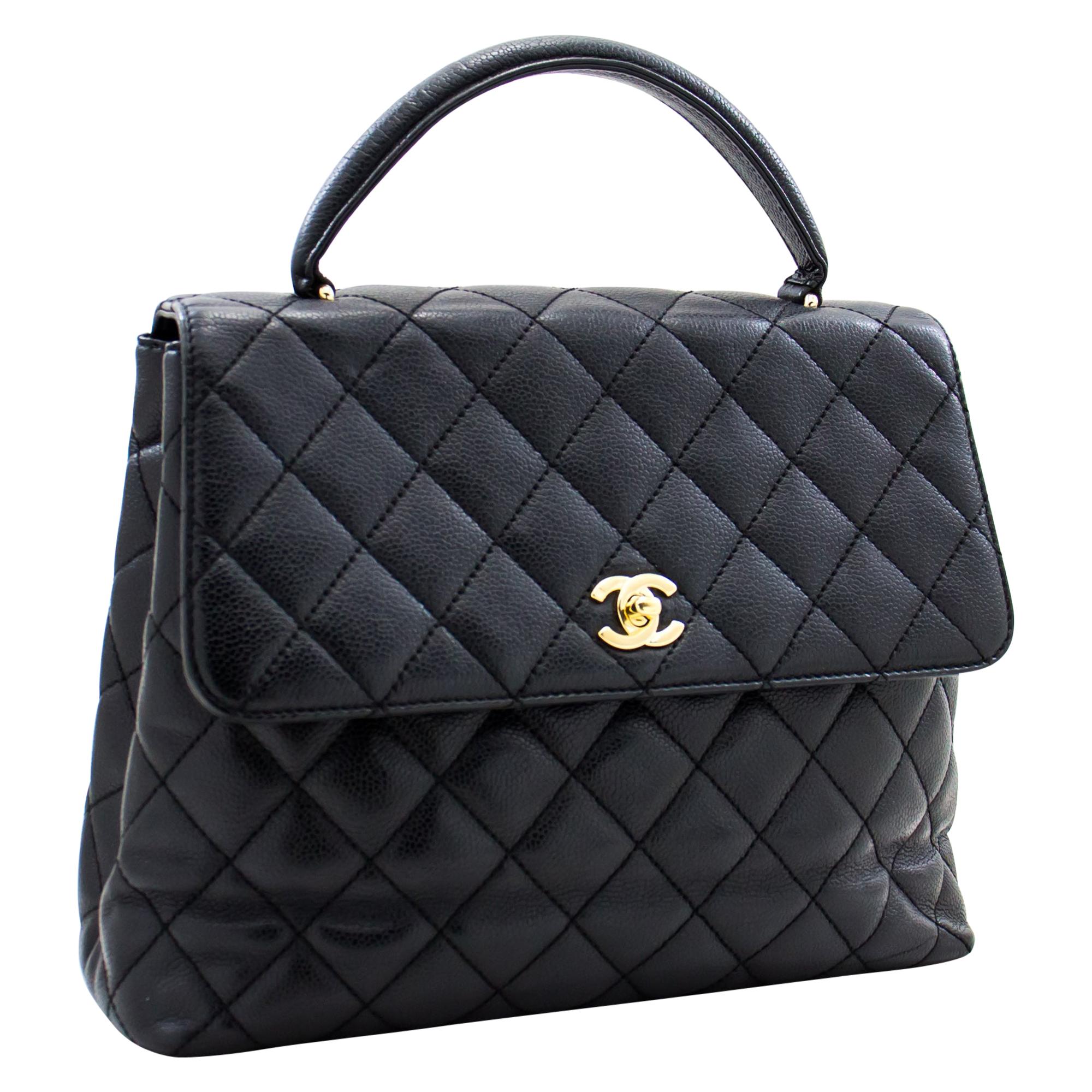 CHANEL Kelly Caviar Handbag Bag Black Flap Leather Gold Hardware