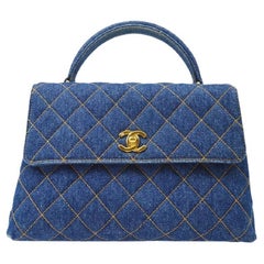 Retro CHANEL Kelly Denim Quilted Stitch Gold Evening Top Handle Carryall Flap Bag