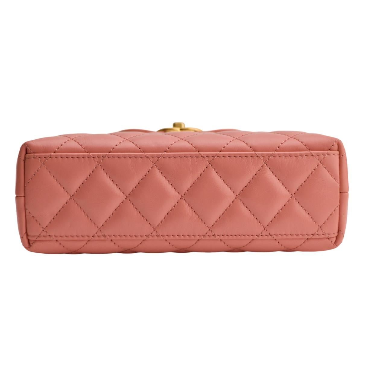 Chanel Nano Kelly Shiny Aged Calfskin Quilted Coral Pink Bag For Sale 1
