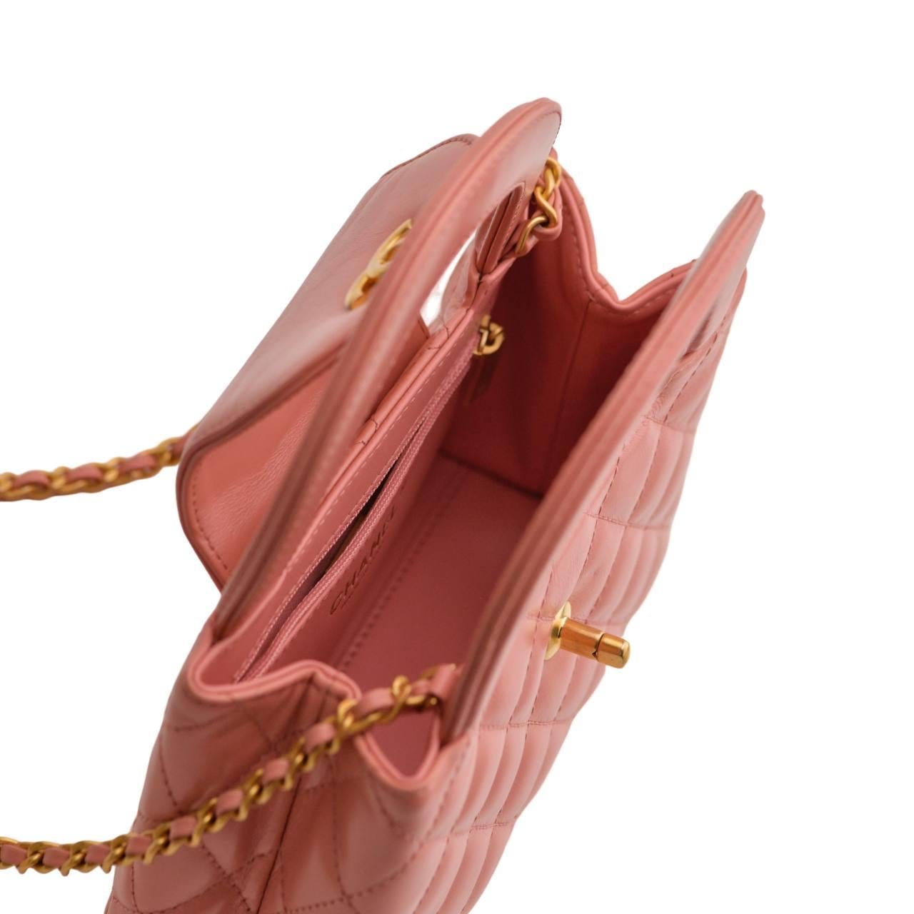Chanel Nano Kelly Shiny Aged Calfskin Quilted Coral Pink Bag For Sale 5