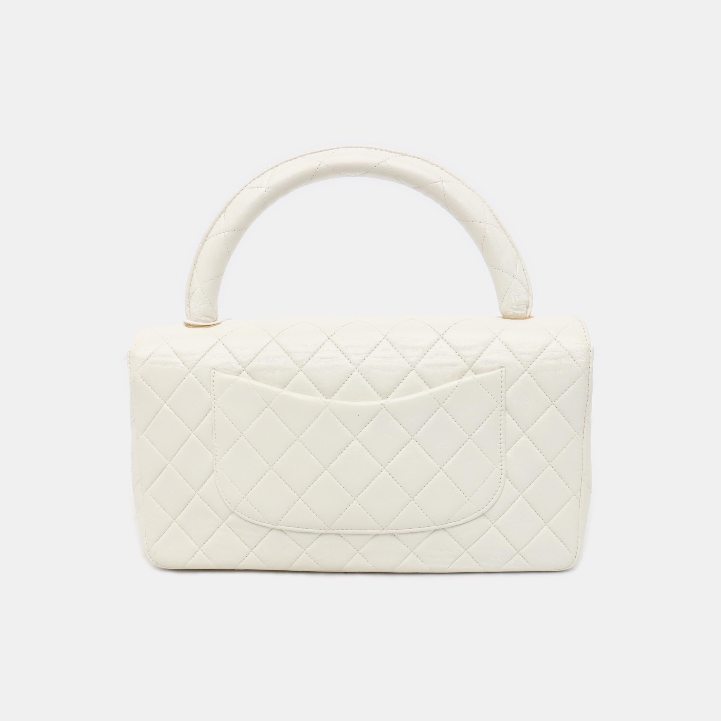 Beige Chanel Kelly Parent Top Handle Flap Bag Medium White Lambskin Leather Gold Hardw For Sale