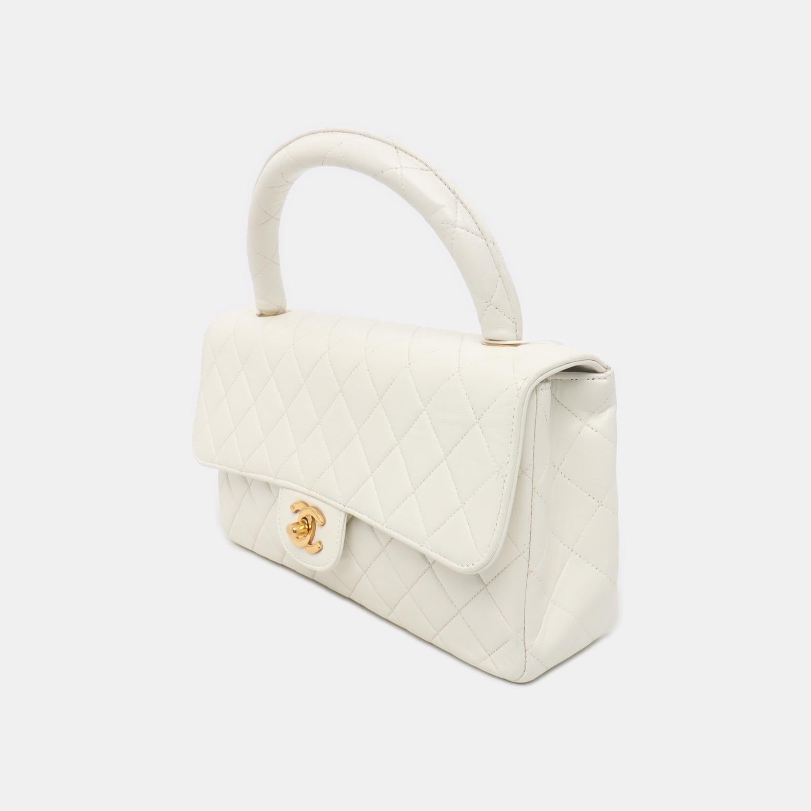 Women's Chanel Kelly Parent Top Handle Flap Bag Medium White Lambskin Leather Gold Hardw For Sale
