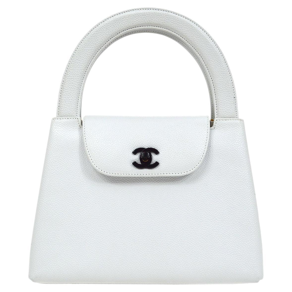 CHANEL Kelly Small White Caviar Leather Black Hardware Top