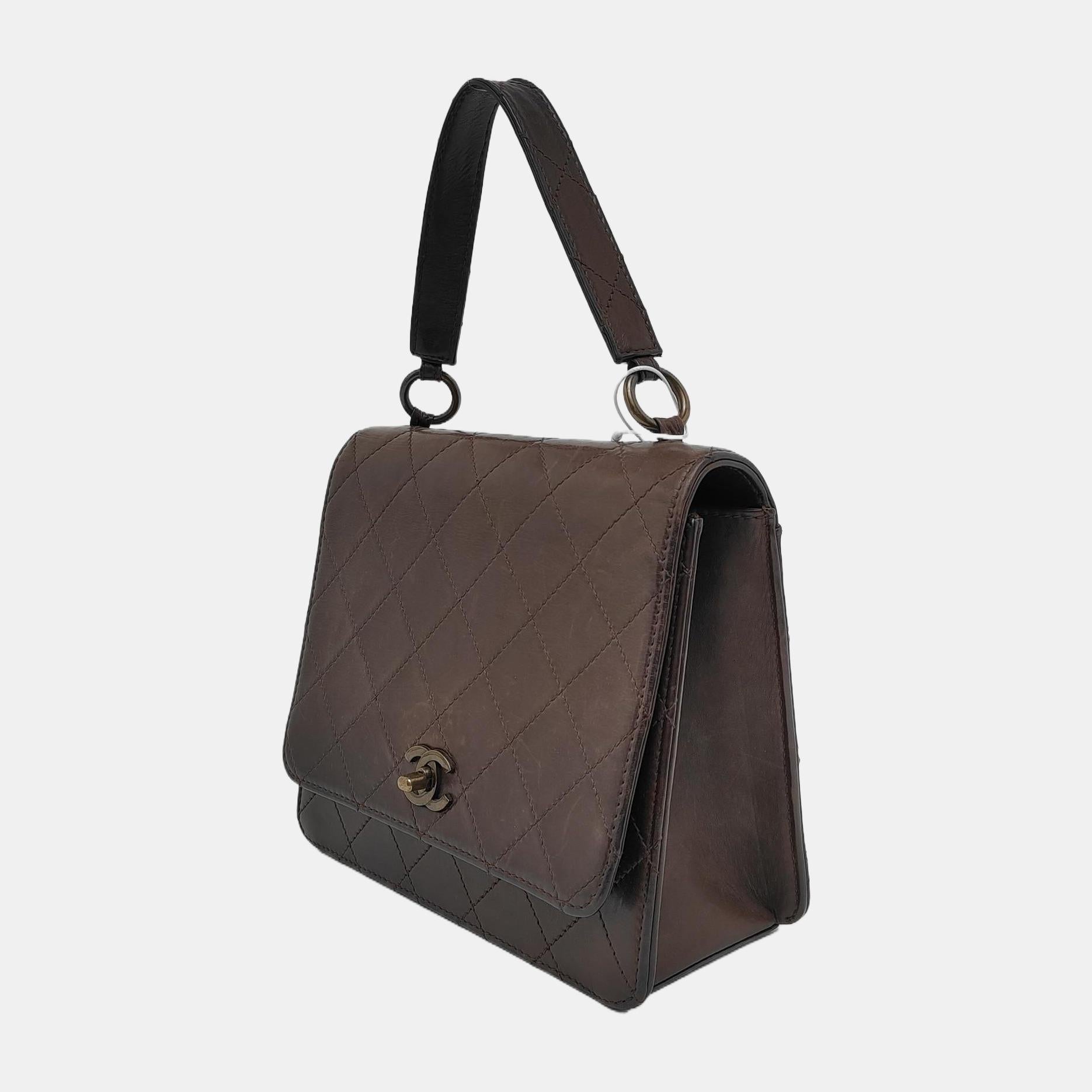 Noir Chanel Kelly Vintage Brown Calfskin Leather Top Handle Bag en vente