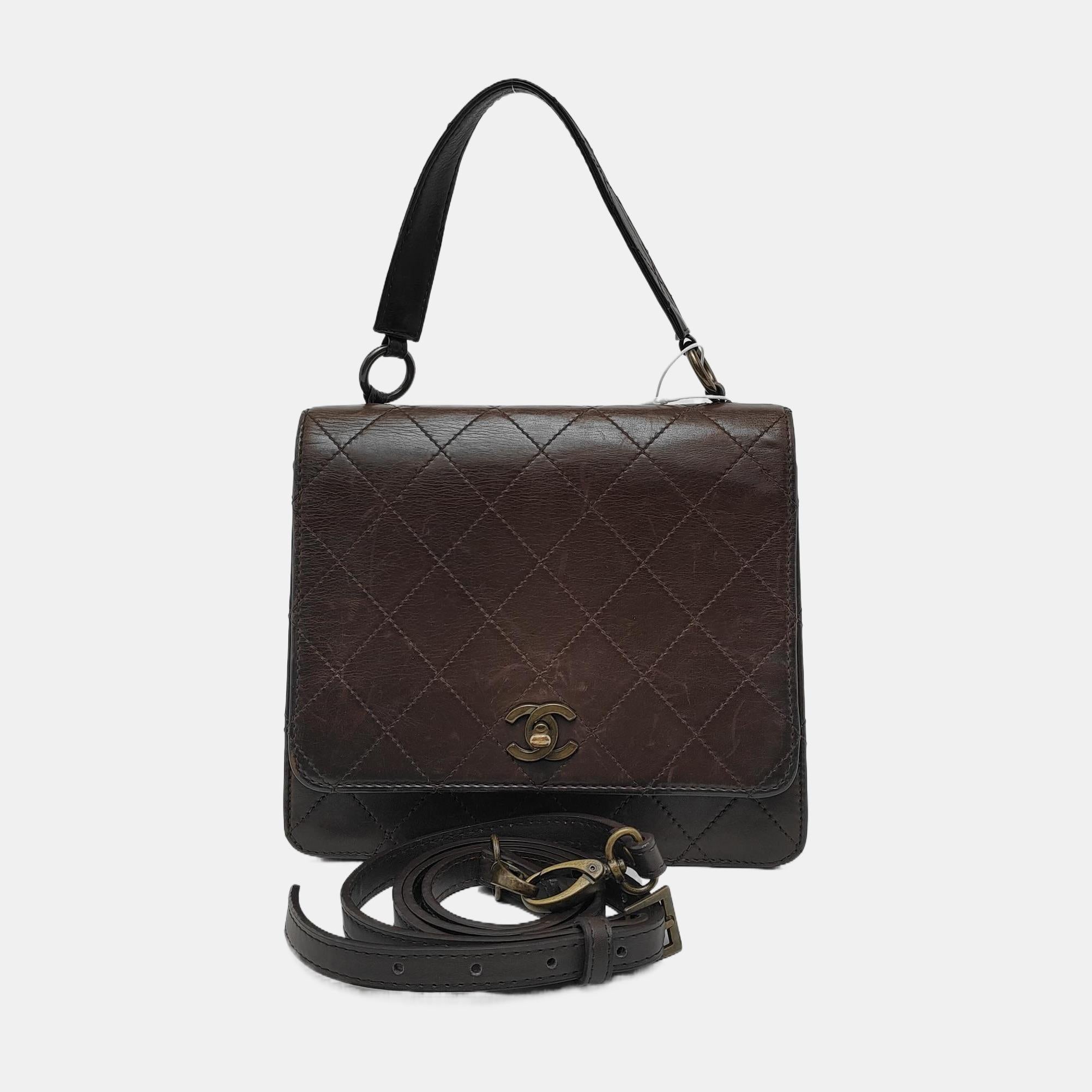 Chanel Kelly Vintage Brown Calfskin Leather Top Handle Bag en vente 2