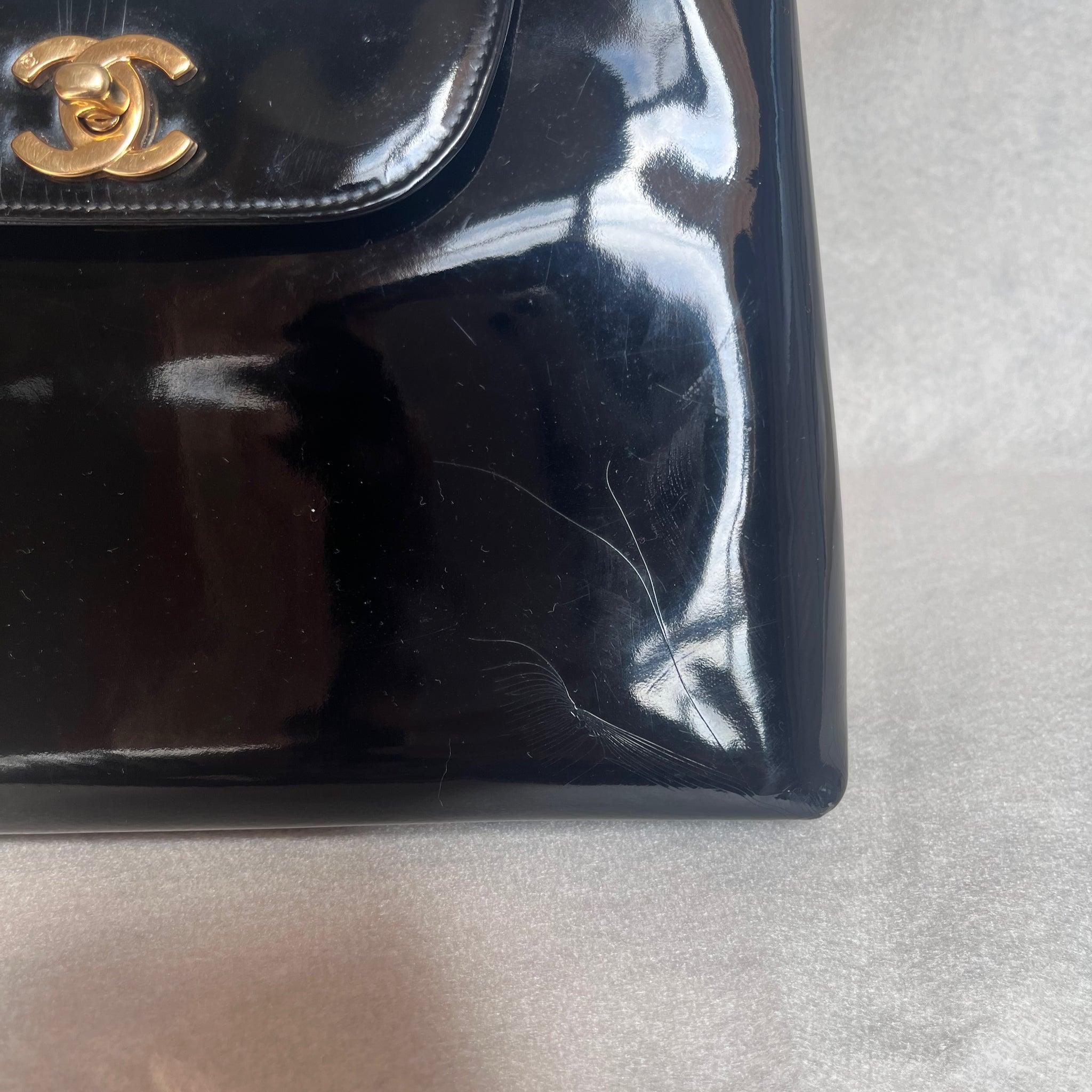 Chanel Kelly Vintage Top Handle Black Patent Leather w/Gold Hardware Medium Size 10