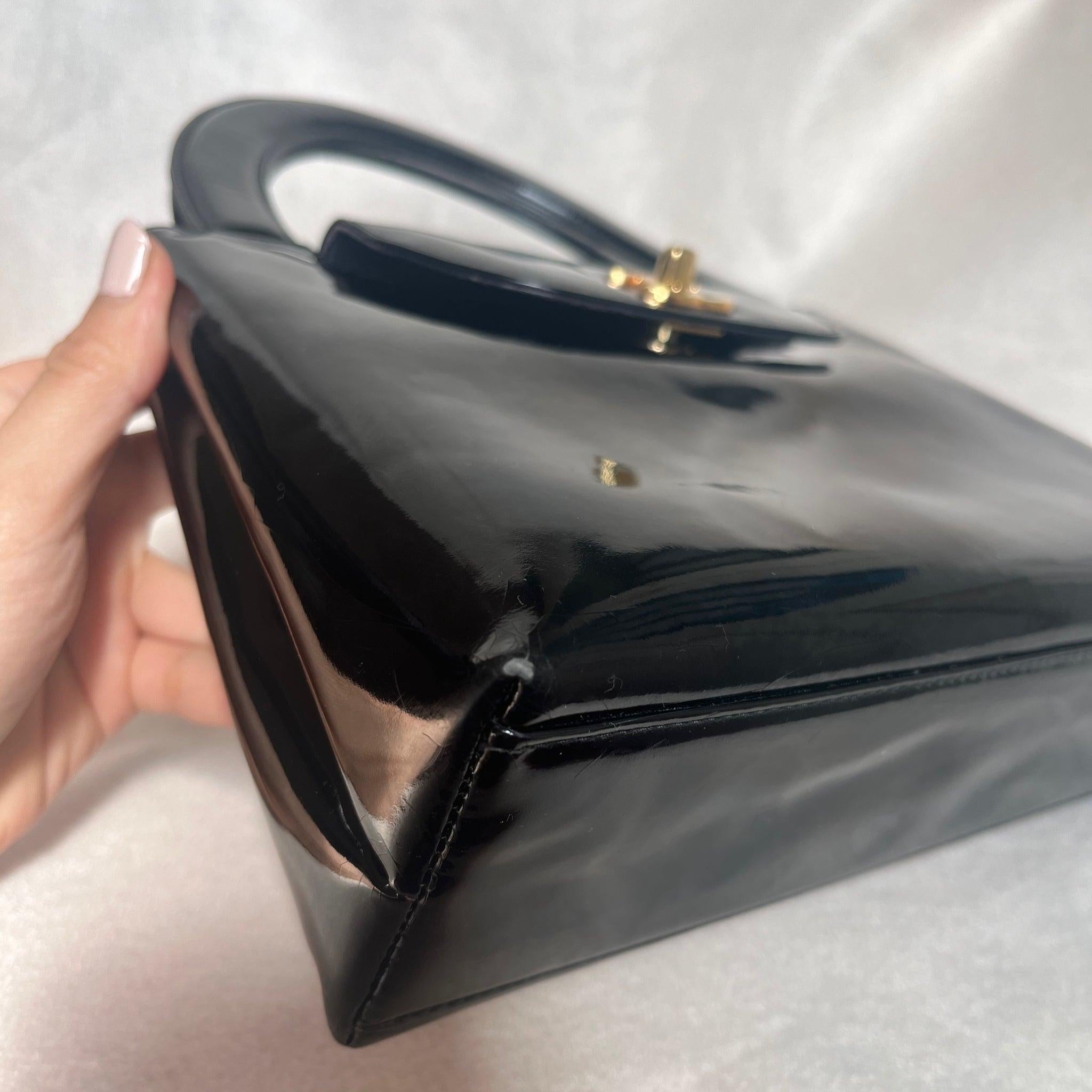 Chanel Kelly Vintage Top Handle Black Patent Leather w/Gold Hardware Medium Size 12