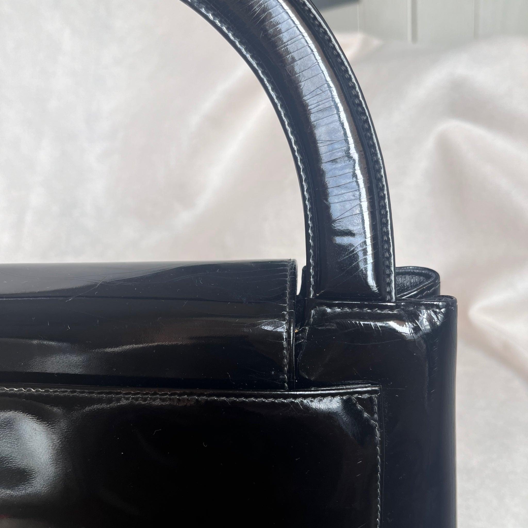 Chanel Kelly Vintage Top Handle Black Patent Leather w/Gold Hardware Medium Size 15