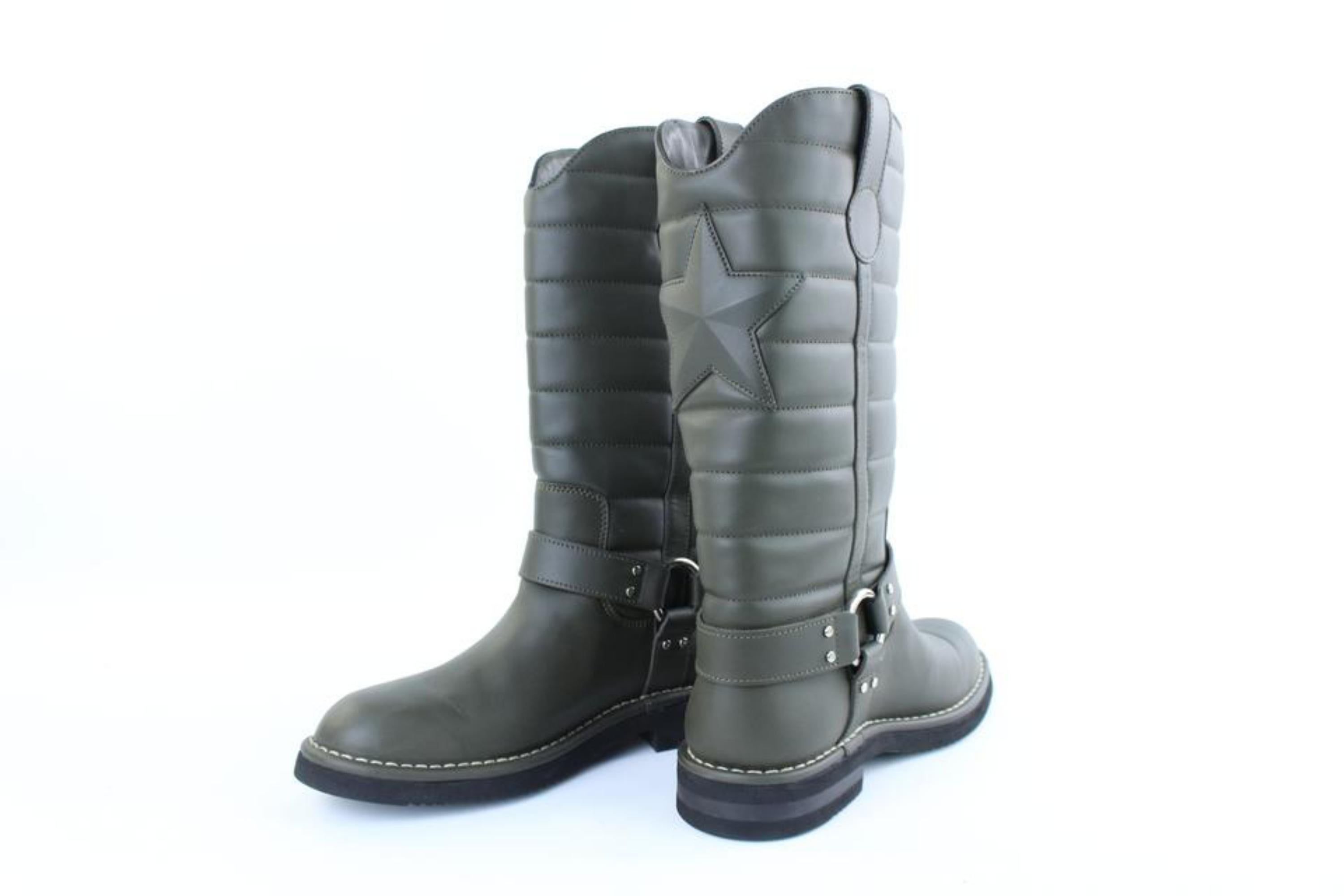 Gray Chanel Khaki 14a Quilted Leather Star Harness Motorcycle 6cj1016  Boots/Booties For Sale