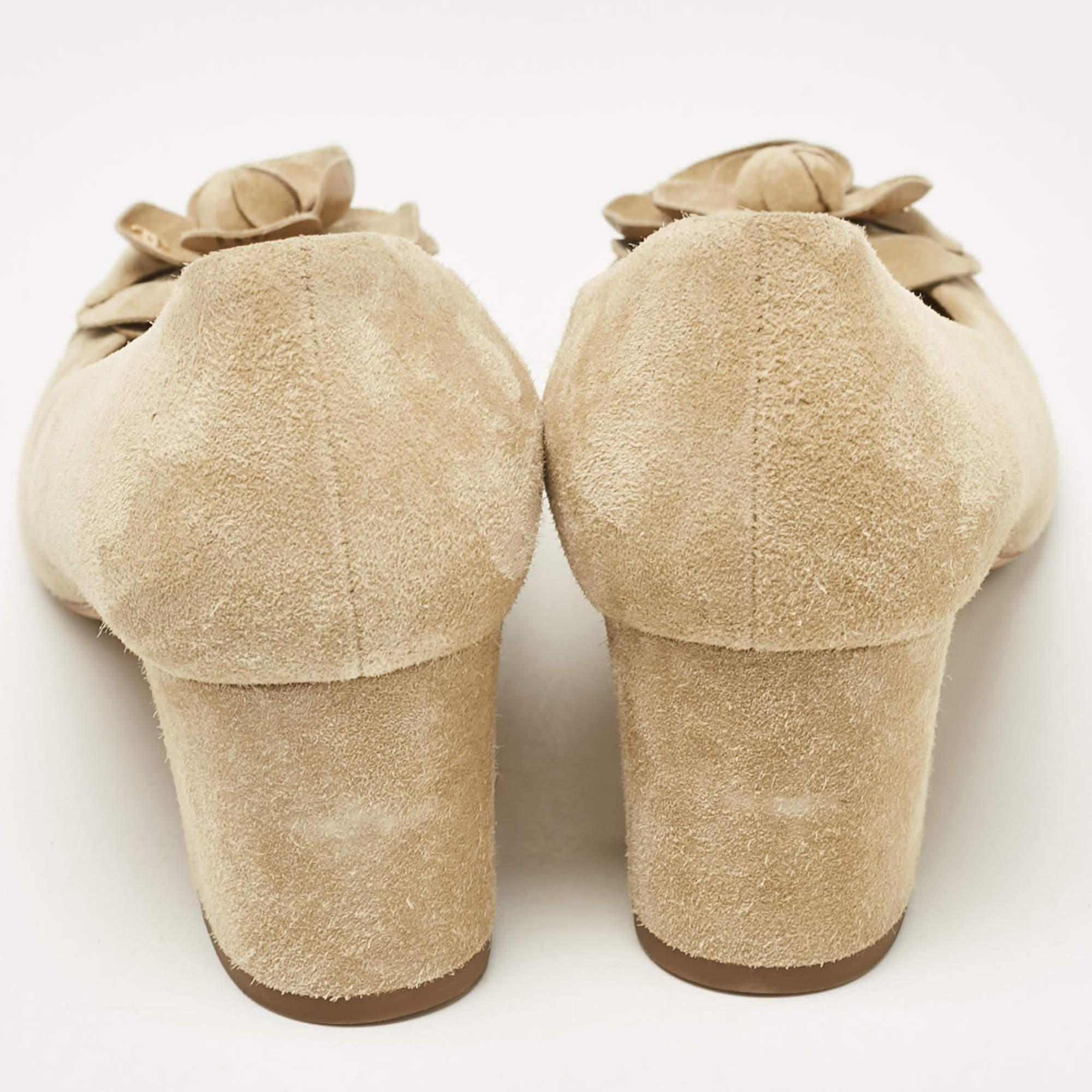 Chanel Khaki Beige Suede Camellia Cap Toe Block Heel Pumps Size 39 1