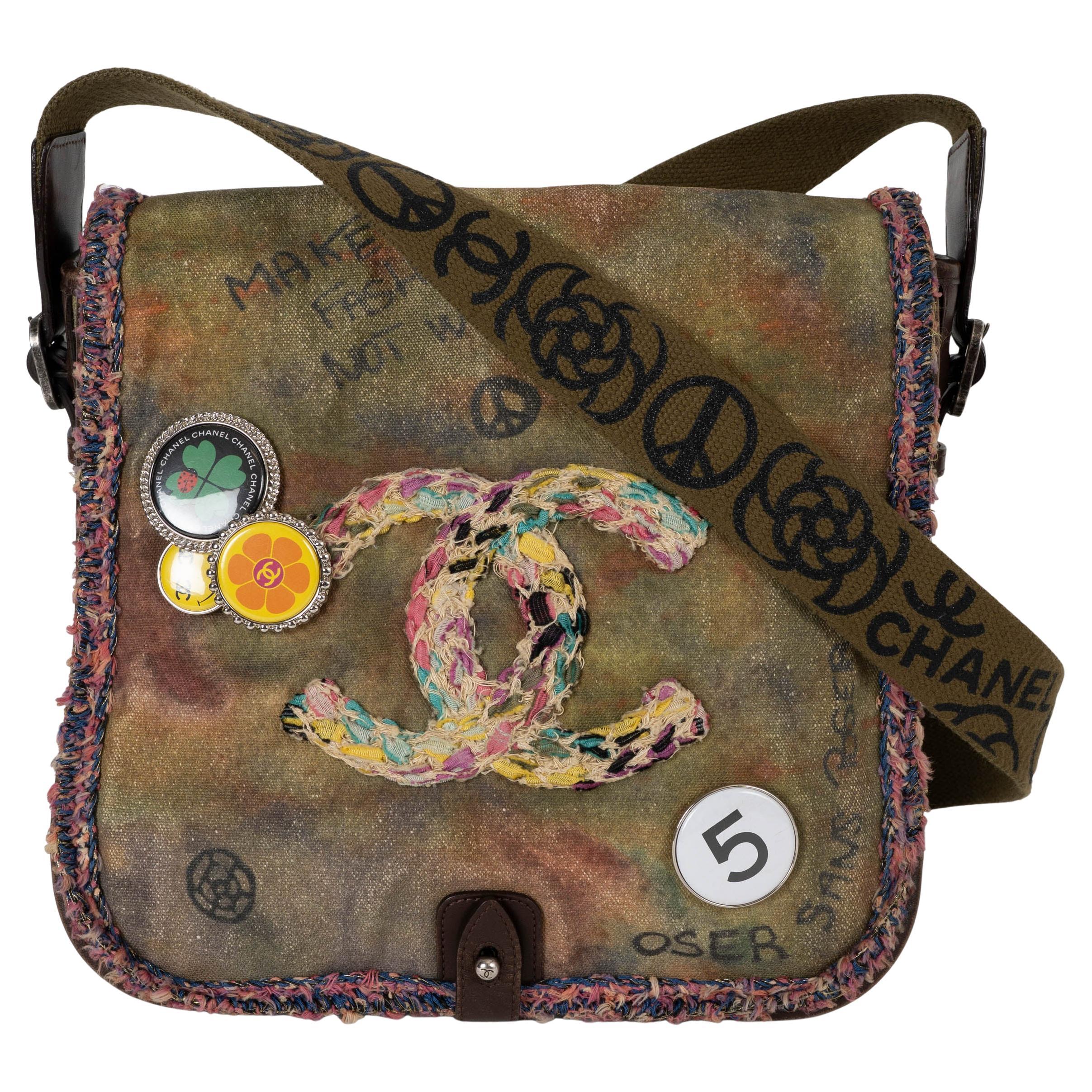 CHANEL khaki green canvas 15S ON THE PAVEMENTS SMALL GRAFFITI Messenger Bag