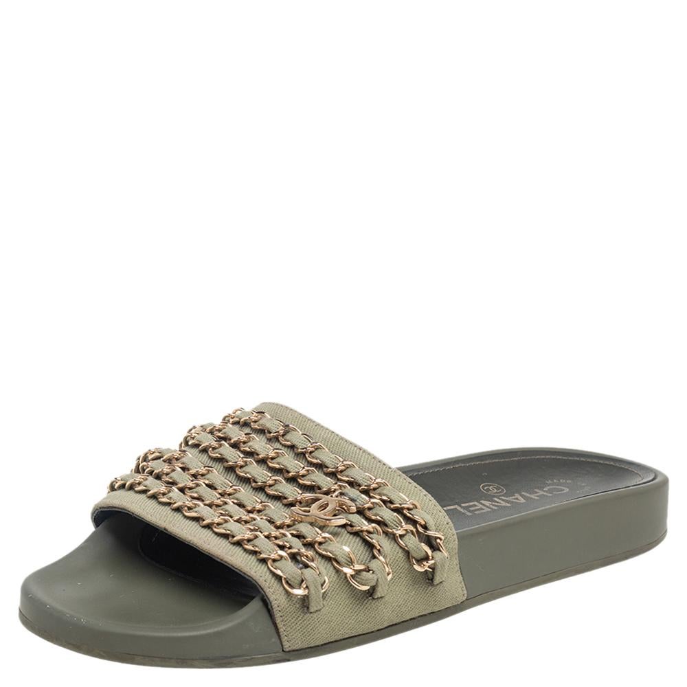 Beige Chanel Khaki Green Fabric Tropiconic Chain Detail Flat Slide Sandals Size 38