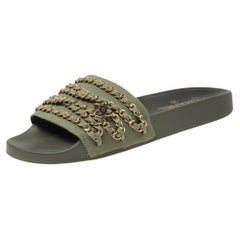 Chanel Khaki Green Fabric Tropiconic Chain Detail Flat Slide Sandals Size 41