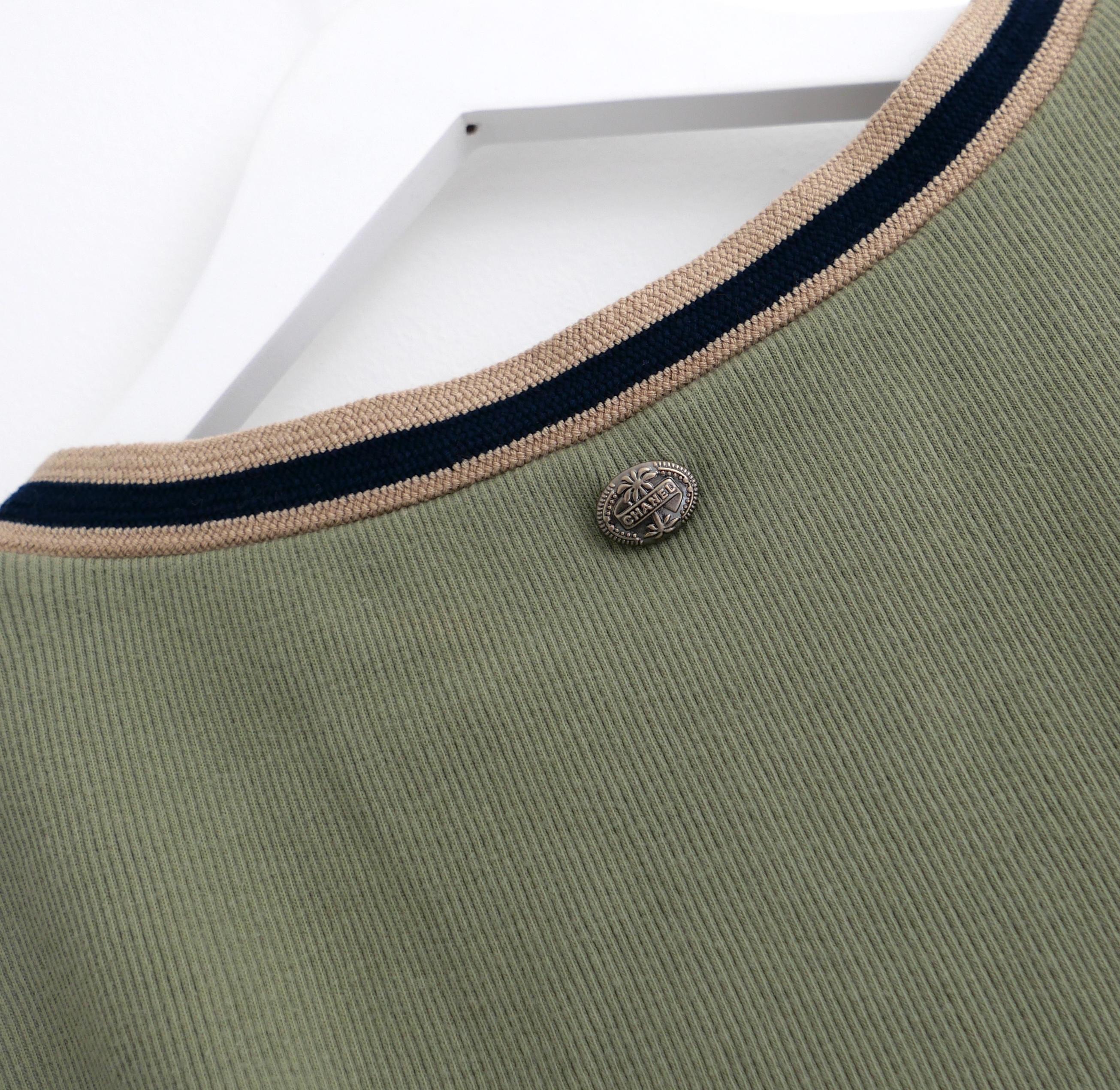 Chanel Khaki Knit Striped Trim Top Cruise 2017 17C Cuba For Sale 1