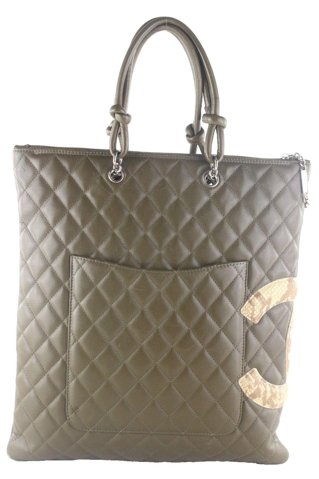 Gray Chanel Khaki Olive Leather Quilted Cambon Tote 3CAS1023K For Sale