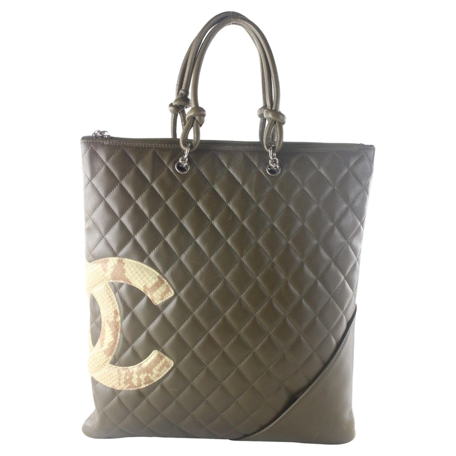 Chanel Khaki Olive Leather Quilted Cambon Tote 3CAS1023K For Sale