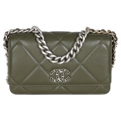 Chanel Khaki Quilted Goatskin Chanel 19 Wallet On Chain