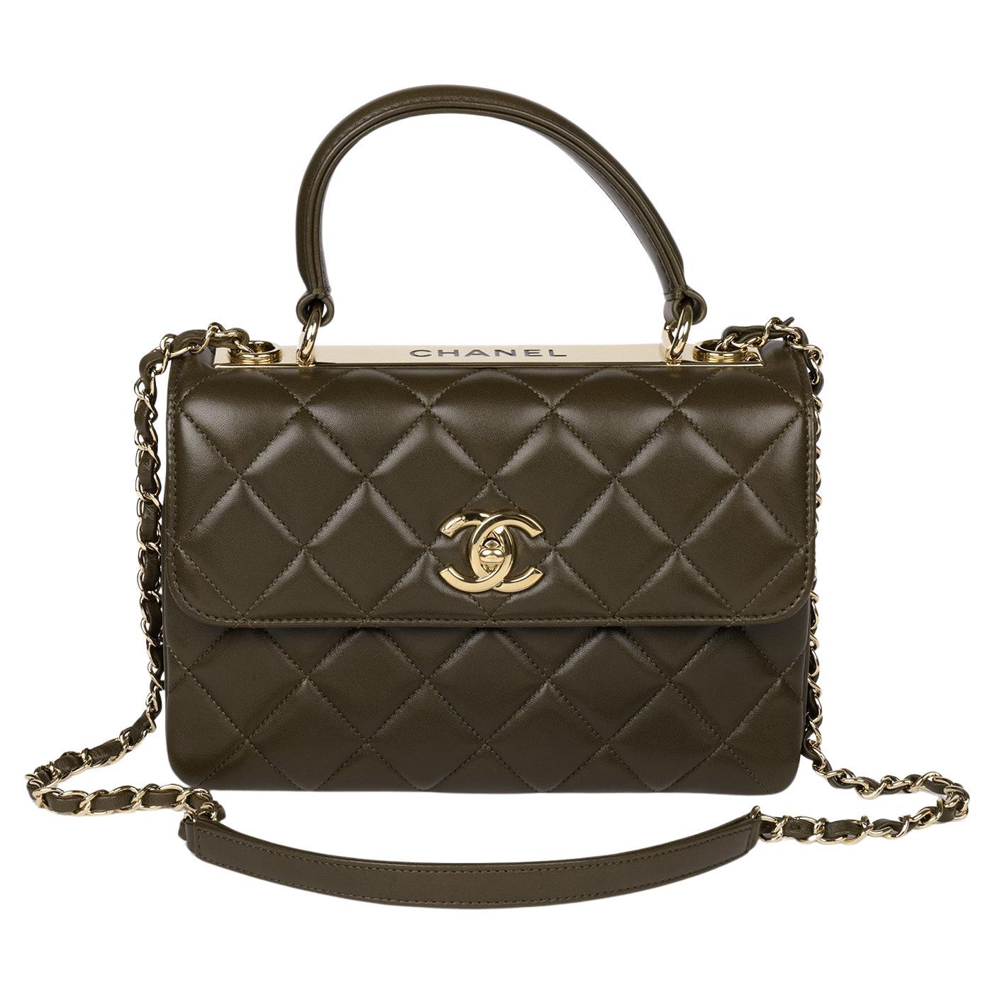 Chanel Khaki Quilted Lambskin Leather Medium Trendy CC Top Handle Flap Bag