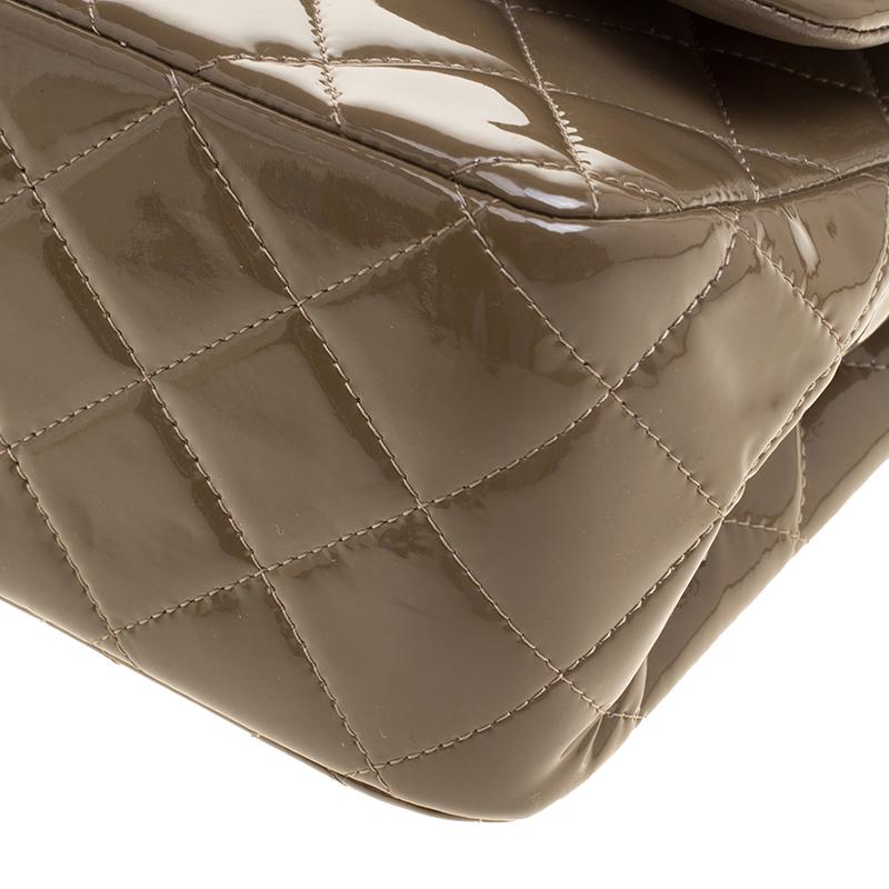 Chanel Khaki Quilted Patent Leather Jumbo Classic Double Flap Bag 4