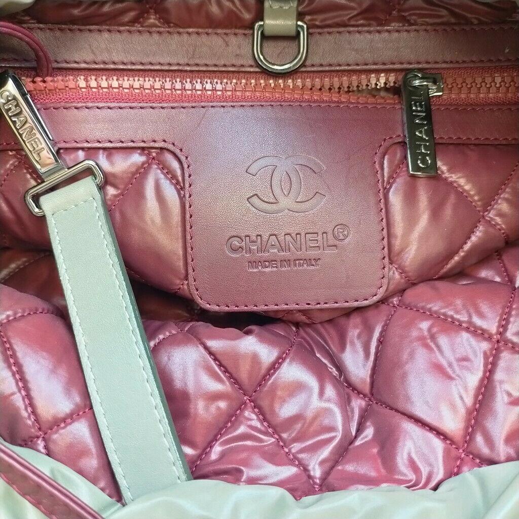 Gray Chanel Khaki Reversible Leather And Nylon Hand Bag For Sale