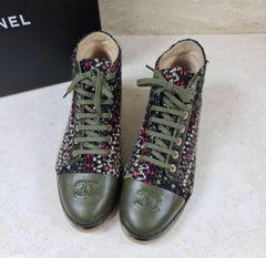 CHANEL Khaki Tweed Lace Up Boots