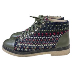 CHANEL Khaki Tweed Lace Up Boots