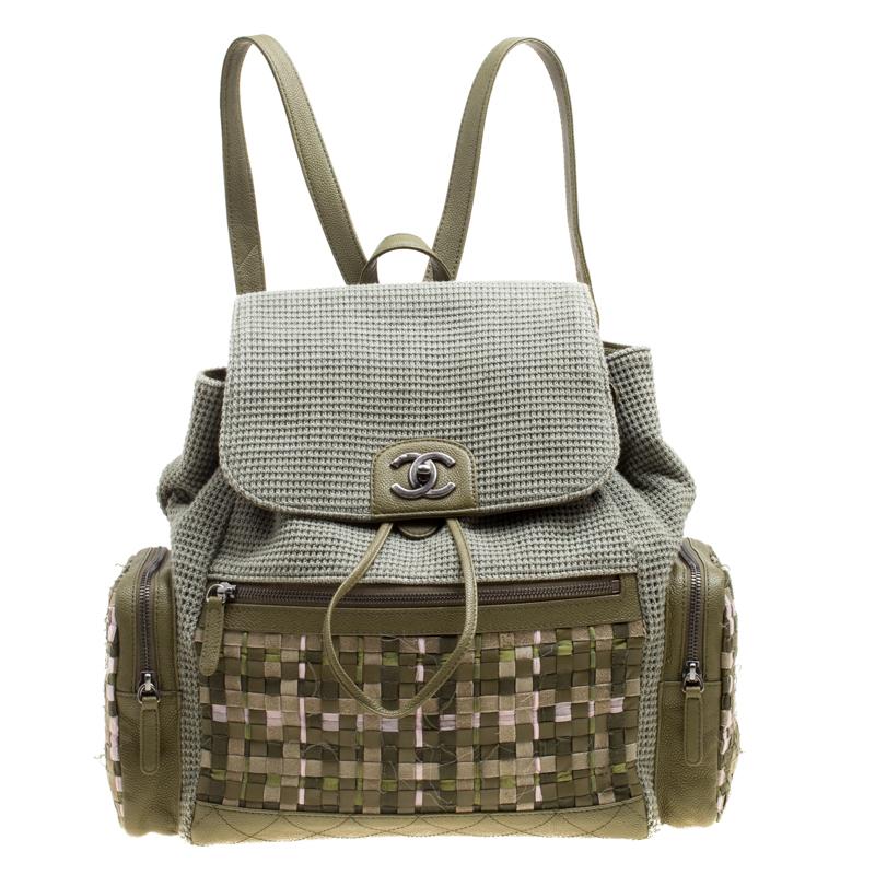 Chanel Khaki Women Canvas and Leather Cuba Pocket Backpack